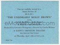 3f1198 UNSINKABLE MOLLY BROWN 4x5 invitation 1964 you are cordially invited to a sneak preview!