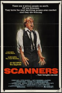 3f1106 SCANNERS 1sh 1981 David Cronenberg, in 20 seconds your head explodes, cool art by Joann!