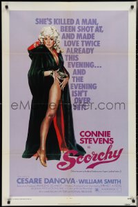 3f1108 SCORCHY 1sh 1976 full-length art of sexiest barely-dressed Connie Stevens in black cape!