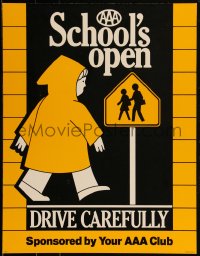 3f0038 SCHOOL'S OPEN DRIVE CAREFULLY 17x22 special poster 1980s boy in rain slicker going to school!