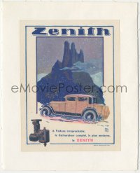 3f1209 ZENITH linen 6x8 French advertising poster 1930s ATD art of car in snow + carburetor!
