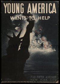 3f0458 YOUNG AMERICA WANTS TO HELP 16x23 WWII war poster 1940s Pellicano & Marlin Lady Liberty art!