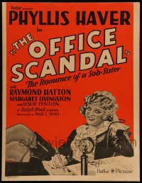 3f0246 OFFICE SCANDAL WC 1929 artwork of sexy Phyllis Haver at desk, the romance of a sob-sister!