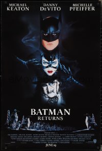 3g0695 BATMAN RETURNS int'l advance 1sh 1992 Burton, Keaton, DeVito, Pfeiffer, cool white date design!