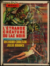 3g0045 CREATURE FROM THE BLACK LAGOON French 24x31 R1962 Belinsky art of monster looming over Adams!