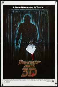 3g0765 FRIDAY THE 13th PART 3 - 3D 1sh 1982 slasher sequel, art of Jason stabbing through shower!