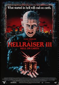 3g0410 HELLRAISER III: HELL ON EARTH 27x39 video poster 1992 Clive Barker, Pinhead holding cube!