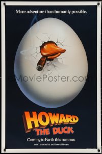 3g0806 HOWARD THE DUCK teaser 1sh 1986 George Lucas, great art of hatching egg with cigar in mouth!
