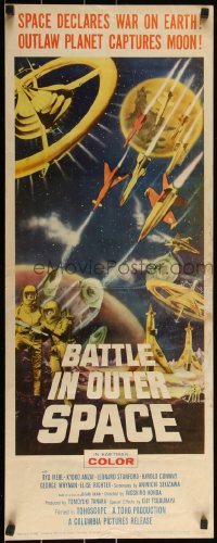 3g0597 BATTLE IN OUTER SPACE insert 1960 Uchu Daisenso, Toho, space declares war on Earth, cool art!