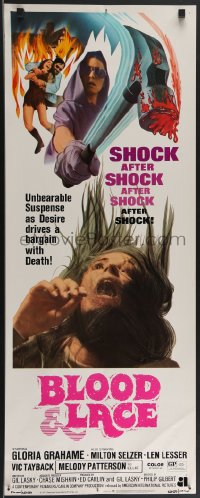3g0601 BLOOD & LACE insert 1971 AIP, gruesome horror image of wacky cultist w/bloody hammer!