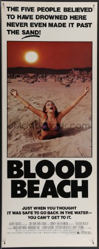 3g0602 BLOOD BEACH insert 1981 Jaws parody tagline, image of sexy girl in bikini sinking in sand!