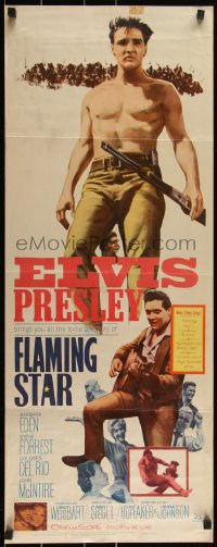 3g0614 FLAMING STAR insert 1960 barechested Elvis Presley playing guitar & close up w/rifle!