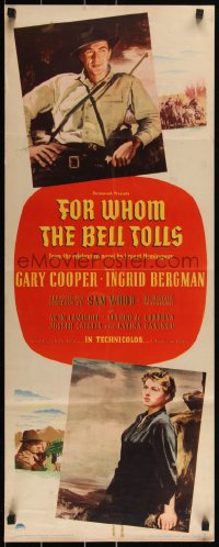 3g0615 FOR WHOM THE BELL TOLLS insert 1943 art of Gary Cooper & Ingrid Bergman, Ernest Hemingway!