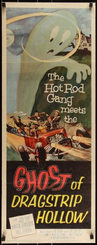 3g0618 GHOST OF DRAGSTRIP HOLLOW insert 1959 cool art of the Hot Rod Gang driving through giant ghost!