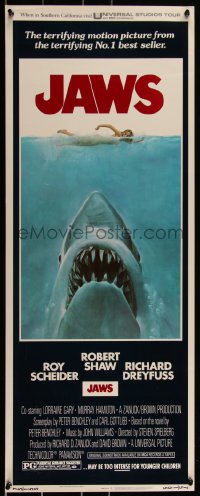 3g0628 JAWS insert 1975 Steven Spielberg's classic movie & image, much more rare than the one-sheet!