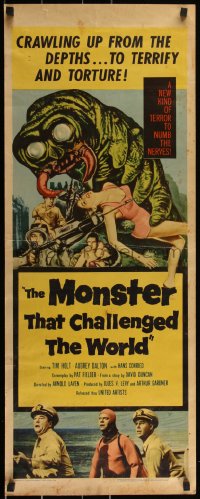 3g0633 MONSTER THAT CHALLENGED THE WORLD insert 1957 great artwork of creature & its victim!