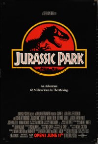 3g0826 JURASSIC PARK advance 1sh 1993 Steven Spielberg, classic logo with T-Rex over red background
