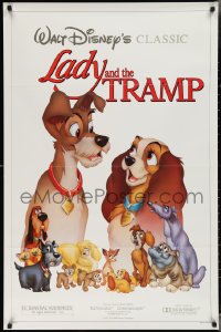 3g0837 LADY & THE TRAMP 1sh R1986 Walt Disney romantic canine dog classic cartoon, great cast image!