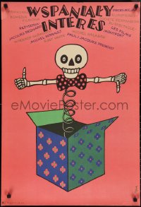 3g0083 LA BELLE AFFAIRE Polish 23x33 1974 wacky Flisak art of skeleton jack-in-the-box!