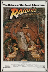 3g0903 RAIDERS OF THE LOST ARK 1sh R1980s great Richard Amsel art of adventurer Harrison Ford!
