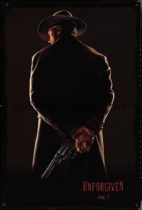 3g0996 UNFORGIVEN teaser DS 1sh 1992 image of gunslinger Clint Eastwood w/back turned, dated design!