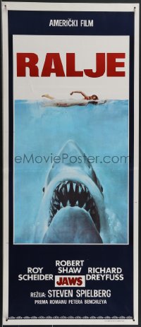 3g0107 JAWS Yugoslavian 14x32 1975 Spielberg's man-eating shark attacking swimmer, Ralje!