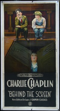 3j0404 BEHIND THE SCREEN linen 3sh R1920s art of Purviance & Chaplin laughing at Goliath, ultra rare!