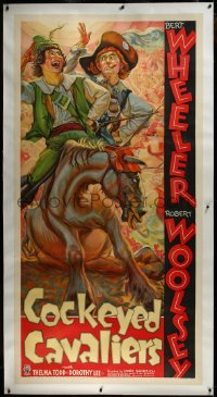 3j0407 COCKEYED CAVALIERS linen 3sh 1934 great wacky art of Wheeler & Woolsey on horse, ultra rare!