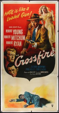 3j0408 CROSSFIRE linen 3sh 1947 Robert Young, Robert Mitchum, Robert Ryan, sexy Gloria Grahame, rare