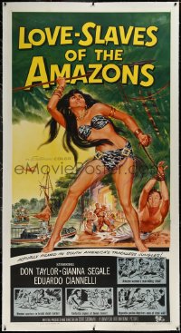3j0420 LOVE-SLAVES OF THE AMAZONS linen 3sh 1957 Reynold Brown art of sexy female native, ultra rare!