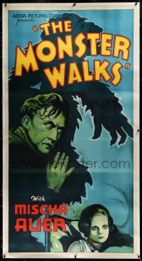 3j0423 MONSTER WALKS linen 3sh R1938 cool artwork of crazed Mischa Auer & menacing gorilla silhouette!