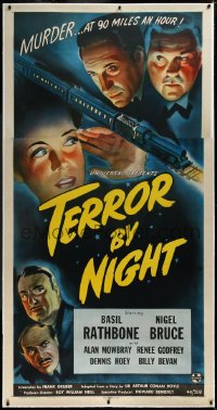 3j0435 TERROR BY NIGHT linen 3sh 1946 Basil Rathbone is Sherlock Holmes, Nigel Bruce as Watson, rare!