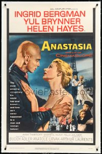 3j0864 ANASTASIA linen 1sh 1956 great romantic close up art of Ingrid Bergman & Yul Brynner!