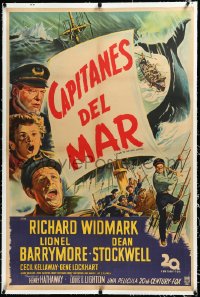 3j0713 DOWN TO THE SEA IN SHIPS linen Argentinean 1949 art of Widmark, Barrymore & Stockwell, rare!