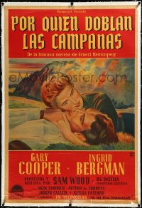 3j0715 FOR WHOM THE BELL TOLLS linen Argentinean 1943 art of Gary Cooper & Ingrid Bergman, Hemingway!