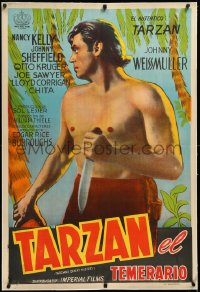 3j0720 TARZAN'S DESERT MYSTERY linen Argentinean R1950s c/u art of Johnny Weissmuller with knife!