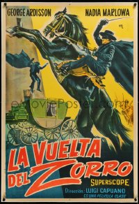 3j0722 ZORRO IN THE COURT OF SPAIN linen Argentinean 1963 action art of masked hero on rearing horse!