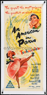3j0562 AMERICAN IN PARIS linen Aust daybill 1951 art of Gene Kelly & sexy Leslie Caron dancing, rare!