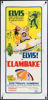 3j0567 CLAMBAKE linen Aust daybill 1967 Elvis Presley on motorcycle staring at cool sports car!