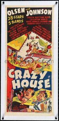 3j0568 CRAZY HOUSE linen Aust daybill 1943 Ole Olsen & Chic Johnson, great art montage, very rare!