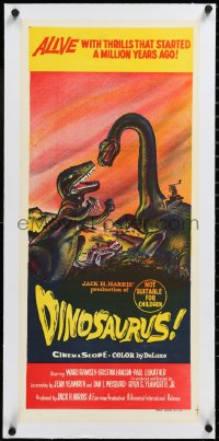 3j0569 DINOSAURUS linen Aust daybill 1960 great art of battling T-rex & brontosaurus monsters!