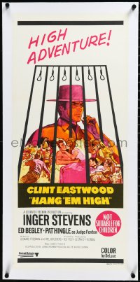 3j0574 HANG 'EM HIGH linen Aust daybill 1970 Clint Eastwood, they hung the wrong man, art by Sandy Kossin!