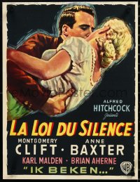 3j0544 I CONFESS linen Belgian 1953 Alfred Hitchcock, art of Montgomery Clift & Anne Baxter kissing!
