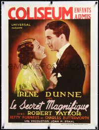 3j0546 MAGNIFICENT OBSESSION linen pre-war Belgian 1935 c/u of Irene Dunne & Robert Taylor, rare!