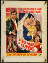 3j0561 WRITTEN ON THE WIND linen Belgian 1956 art of sexy Lauren Bacall, Rock Hudson & Robert Stack!