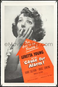 3j0901 CAUSE FOR ALARM linen 1sh 1950 Loretta Young's invalid husband dies, and she's suspected!