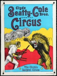 3j0707 CLYDE BEATTY-COLE BROS CIRCUS linen 21x29 circus poster 1960s Roland Butler art lion tamer!
