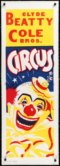 3j0708 CLYDE BEATTY-COLE BROS CIRCUS linen 14x42 circus poster 1960s great art of smiling clown!