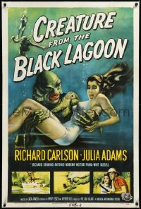 3j0925 CREATURE FROM THE BLACK LAGOON signed linen 1sh 1954 by Ben Chapman, best monster & girl art!