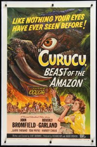 3j0927 CURUCU, BEAST OF THE AMAZON linen 1sh 1956 Universal horror, cool monster art by Reynold Brown!